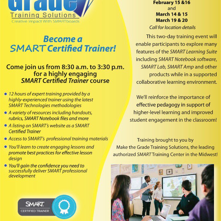 CathyGrochowski's tweet image. Become a SMART Certified Trainer. 2 Chicago events, March 14/15 &amp;amp; 19/20. Early bird discount ends Friday March 9. #learning #avtweeps #commintegrator #instructionalcoach  @SMART_Tech