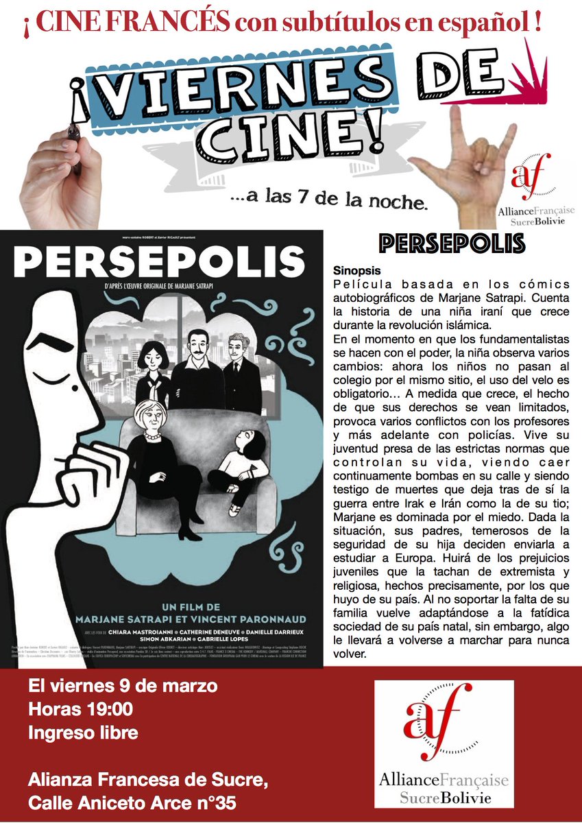 AF_Sucre's tweet photo. En el marco del Día Internacional de la Mujer (8 de marzo), los invitamos a ver la película "Persepolis", en su versión original, con subtitulos en español, el viernes 9 de marzo, a horas 19:00, en la Alianza Francesa de Sucre, Calle Aniceto Arce 35.
Entrada libre. https://t.co/1s1s6Xc2bt