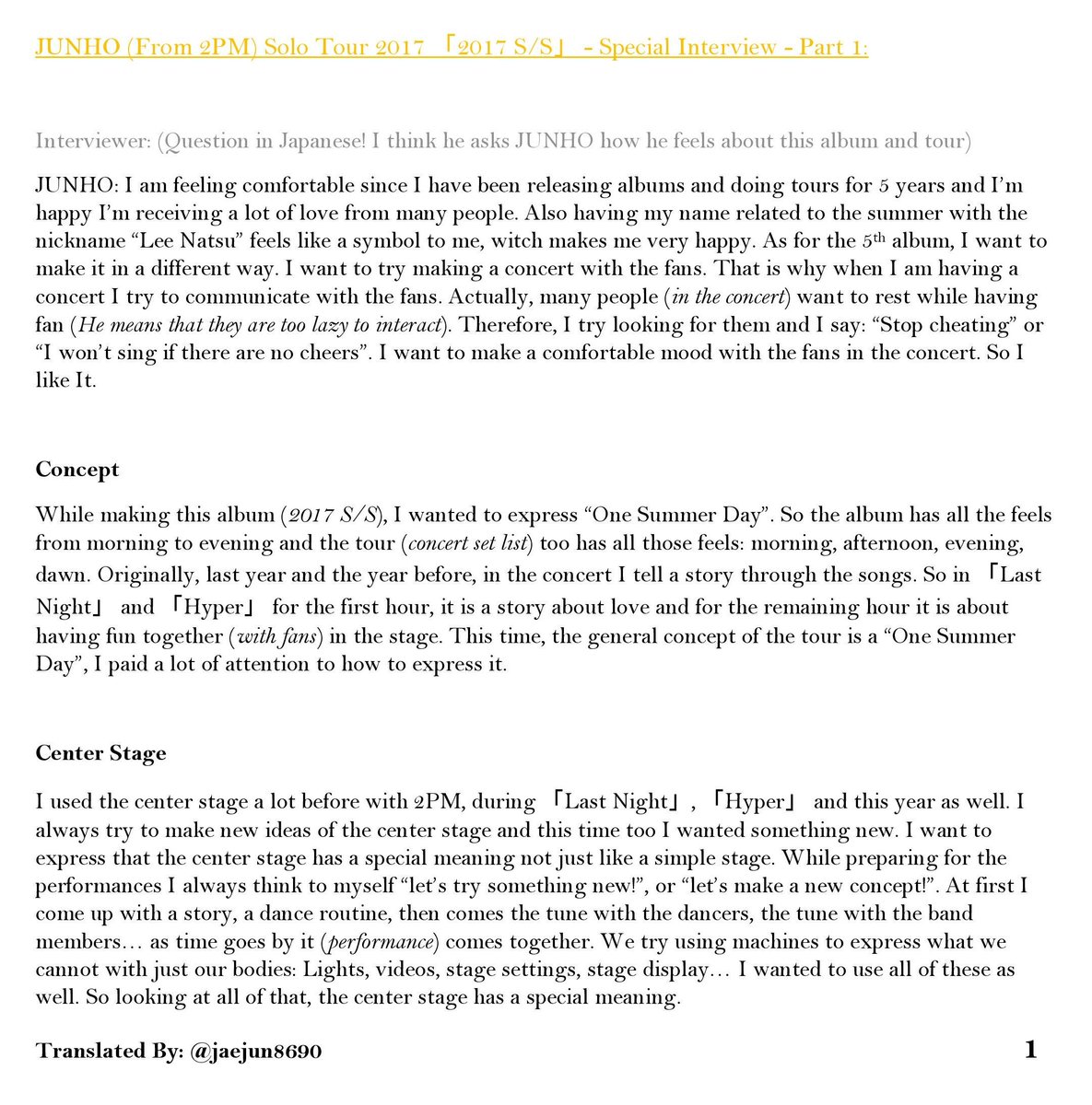 jaejun8690's tweet photo. English Translation of "#JUNHO (from #2PM) Solo Tour 2017" Special Interview!
I translated the Korean parts (Junho only speaks Kor. The interviewer asks in Jap sometimes)
It was a funny and interesting talk so i wanted to share it with everyone^^

Sorry for any mistakes. Enjoy^^ https://t.co/iISR98FQ44