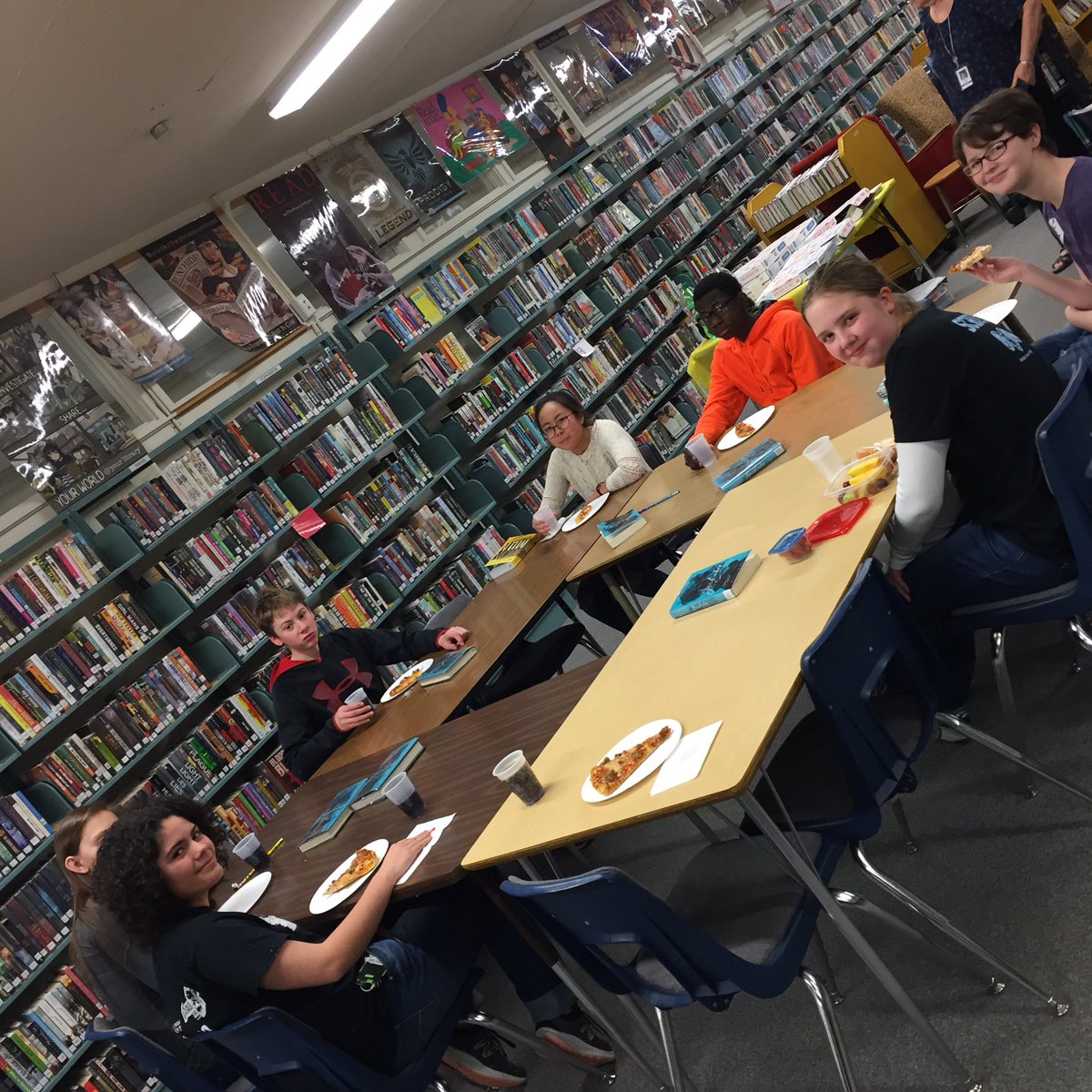 HillsideRams's tweet photo. Hillsiders ate pizza and discussed the book JACKABY by William Ritter in the @HillsideLibrary during both lunches today. #LitLunch https://t.co/4U7u3XHxrR