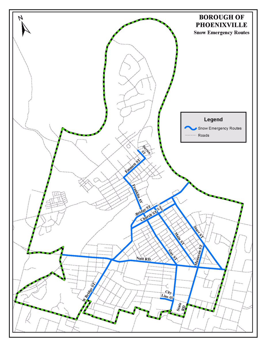 PXVOEM's tweet photo. The Borough of Phoenixville has declared a snow emergency, effective 3/6 at 8PM thru 3/8 at 2PM. Cars must be removed from snow emergency routes. (See attached photos for routes.) #PXV https://t.co/5m7BIjnNeD