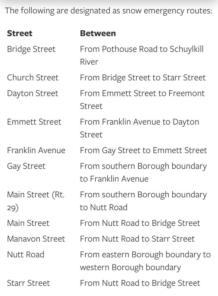 PXVOEM's tweet photo. The Borough of Phoenixville has declared a snow emergency, effective 3/6 at 8PM thru 3/8 at 2PM. Cars must be removed from snow emergency routes. (See attached photos for routes.) #PXV https://t.co/5m7BIjnNeD