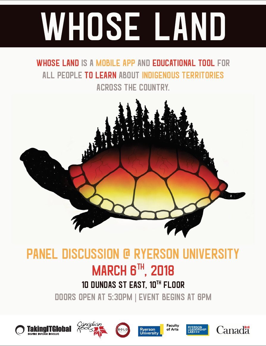 Proud &amp; grateful to launch #WHOSELAND tonight as a new educational resource with partners @CdnRoots and <a href="/BoldRealities/">BOLD Realities</a>, thanks to <a href="/RyersonU/">Ryerson University</a> for hosting and <a href="/miigizi/">Nyle Miigizi Johnston</a> for the welcome! whose.land

#recognition #acknowledgment #reconciliation
