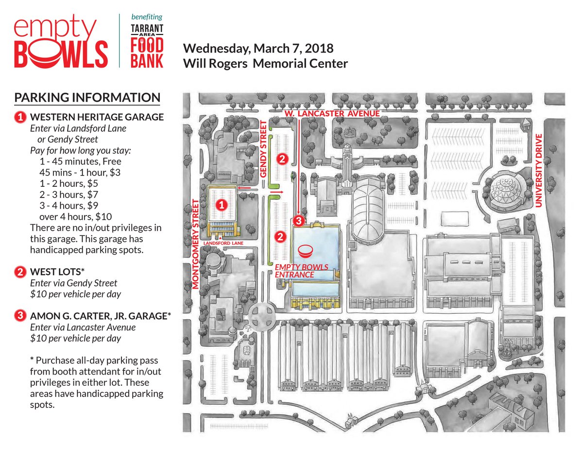Heading to Empty Bowls benefiting <a href="/TAFoodBank/">Tarrant Area Food Bank</a> tomorrow? Know your parking plan before you go. Check out our parking map for rates &amp; parking locations. #EmptyBowls #Parking #ParkingMap #FortWorth #WillRogers