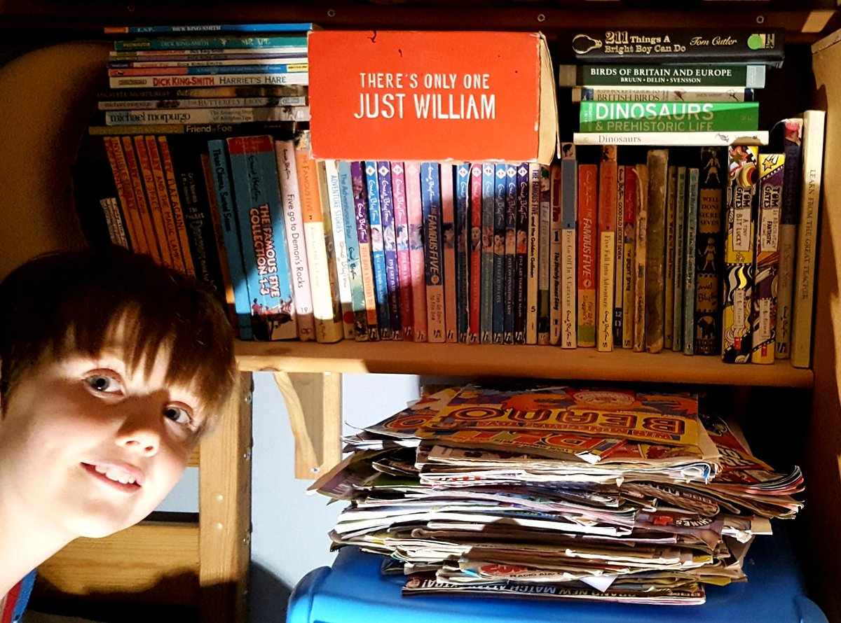 sawa2481's tweet photo. Harrison and his messy, stuffed book shelf by his bed above his pile of Beanos @bsmoffice @bsmprimaryhead #shelfies https://t.co/pgl8UWooiB