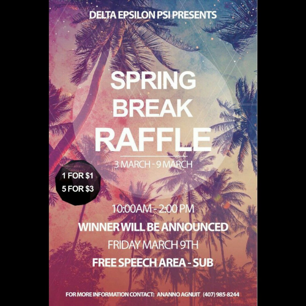 If you haven't already, come out to the SUB - Free Speech Area where we will be raffling off spring break baskets from 10-2 for the rest of the week! Tickets are:
1-$1
5-$3