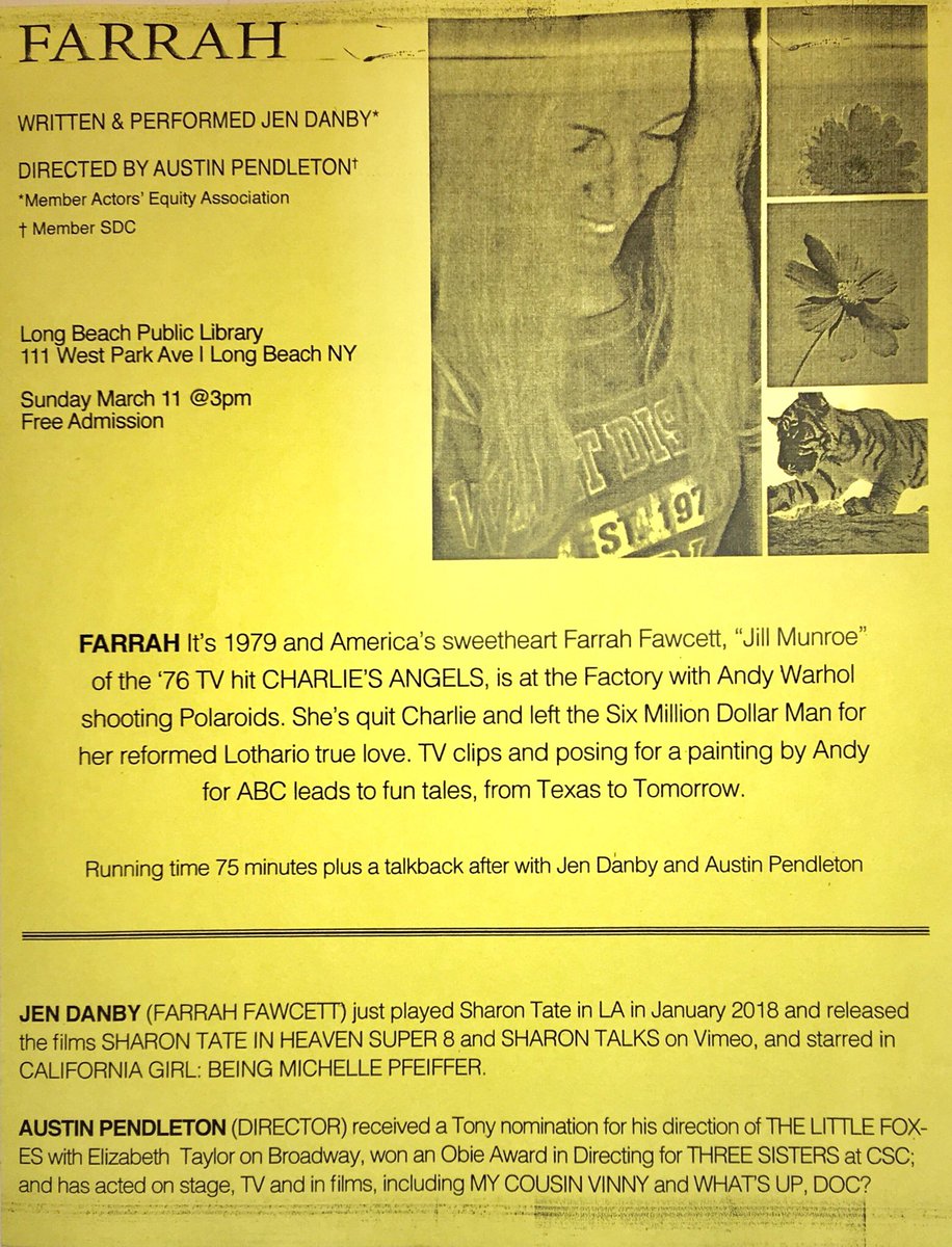 My Farrah show is coming Sunday!😊 This Sunday March 11th @3pm! Long Beach NY @ 111 West Park Ave. “I thoroughly enjoyed this piece. Jen Danby really captures the essence of Farrah.' -Alana Stewart #FarrahFawcett #AndyWarhol #RyanONeal #AustinPendleton #CharliesAngels #JillMunroe