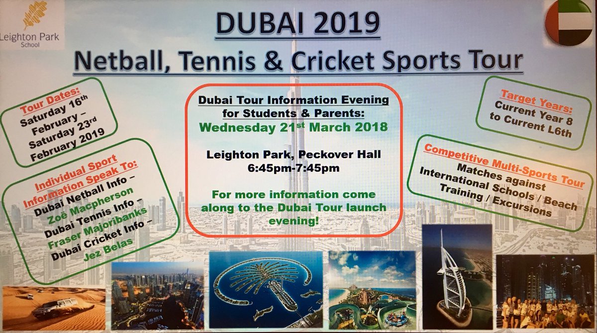 Leighton Park Sport (@sportlp) on Twitter photo Exciting Multi-Sports Tour Announcement, Dubai 2019 February Half Term! Netball, Tennis & Cricket competitive Sports Tour. Dubai info launch evening at LP 21/03/18 <a href="/inspiresport/">inspiresport</a> <a href="/HWinspiresport/">Henry Walpole</a> Come along to find out more!! ๐๐๐พ #LP #SportsTour #Dubai2019 #Competitive Exciting Multi-Sports Tour Announcement, Dubai 2019 February Half Term! Netball, Tennis & Cricket competitive Sports Tour. Dubai info launch evening at LP 21/03/18 <a href="/inspiresport/">inspiresport</a> <a href="/HWinspiresport/">Henry Walpole</a> Come along to find out more!! ๐๐๐พ #LP #SportsTour #Dubai2019 #Competitive