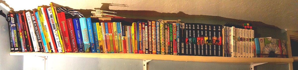 sawa2481's tweet photo. Riley occasionally organises his books to be neat and tidy. Just spotted his sweets stash hiding in the stripy bag 😂 #shelfies @bsmprimaryhead @bsmoffice https://t.co/xHoRB8qwYL