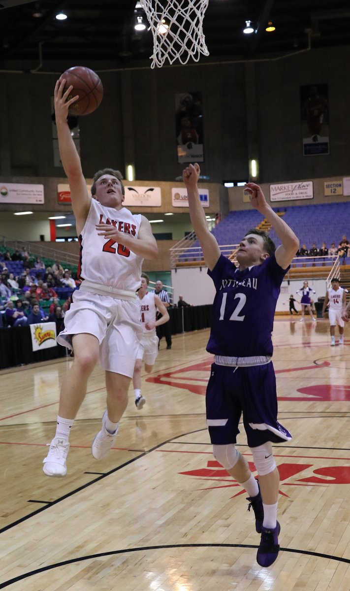 Region 6 BBB FINAL: DLB 61, Bottineau 58. Lakers had a 19-point lead, nearly blew it as the Braves got it down to 2, but hold on to advance to the region semis. Photos by Al Christianson. #NDPreps