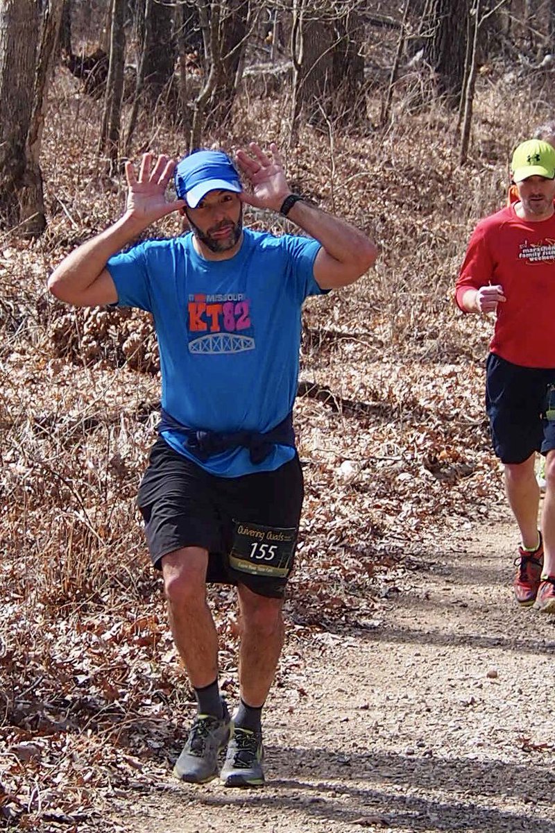 zimmtv's tweet image. At mile 13 of the Quivering Quads Trail Half Marathon, @saucedonwheels is focused on the finish line. #goofball @BolyardsMeat @FOX2now