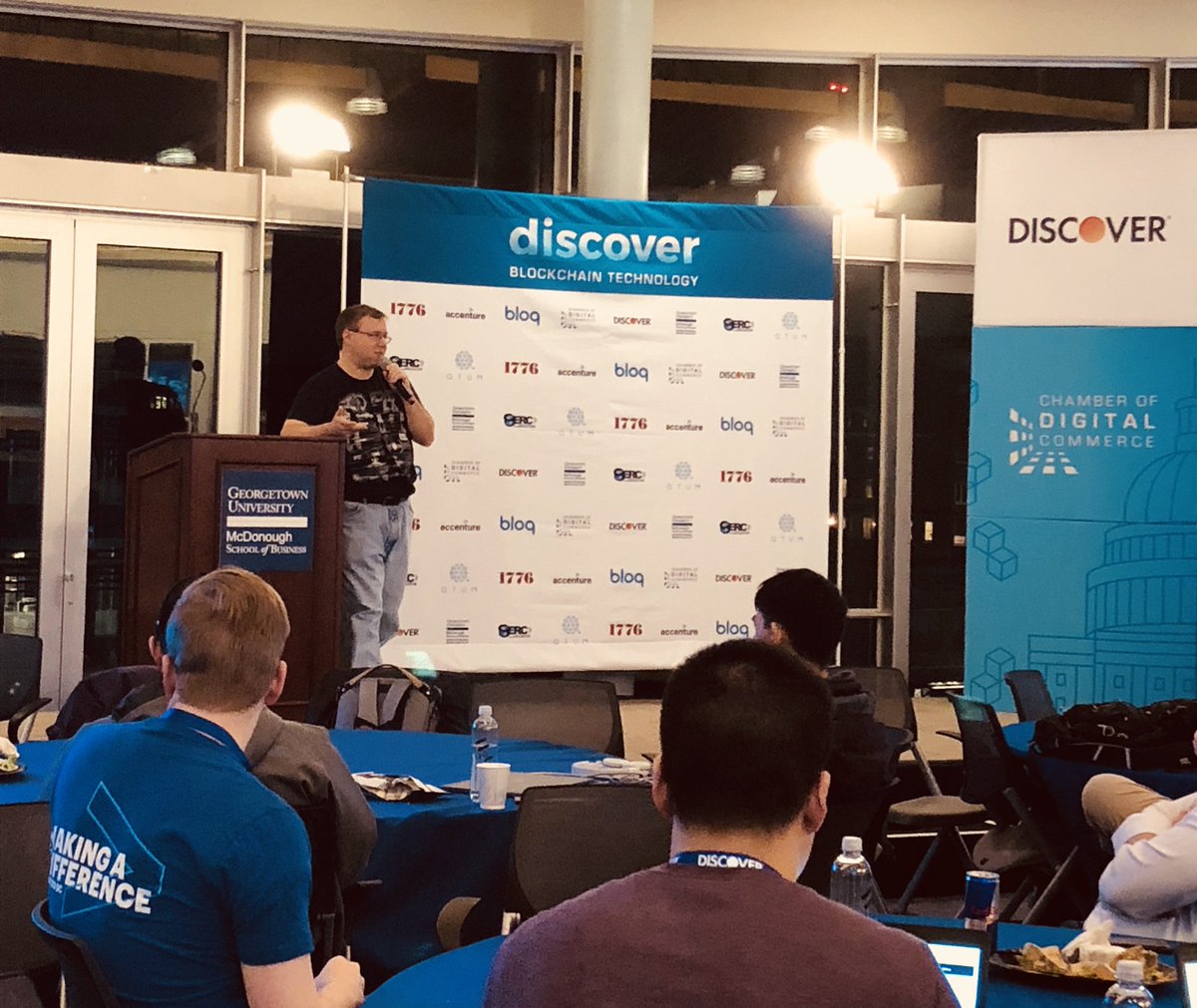 bloqinc's tweet photo. Bloq CEO and co-founder @jgarzik giving the final evening keynote at the Discover #blockchain code-a-thon @ChamberDigital #DCBlockchain https://t.co/FLSHYxAKJK