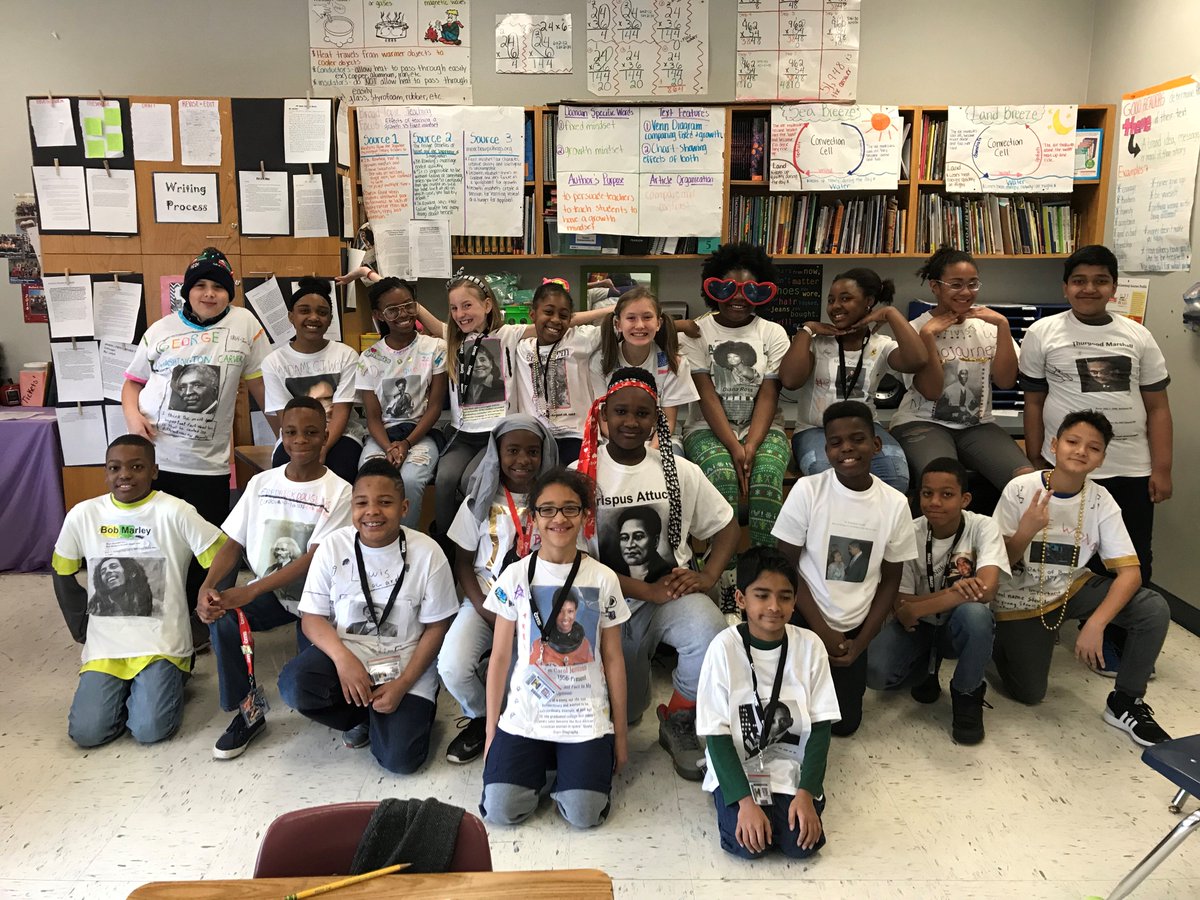 CharMeckSchools's tweet photo. These @mallardcreekes fifth grade scholars celebrated Black History Month by designing T-shirts!  A school-wide parade was held in the hallways so they could show off what they'd learned.  #CMSbhm https://t.co/mGOlxl6p5m