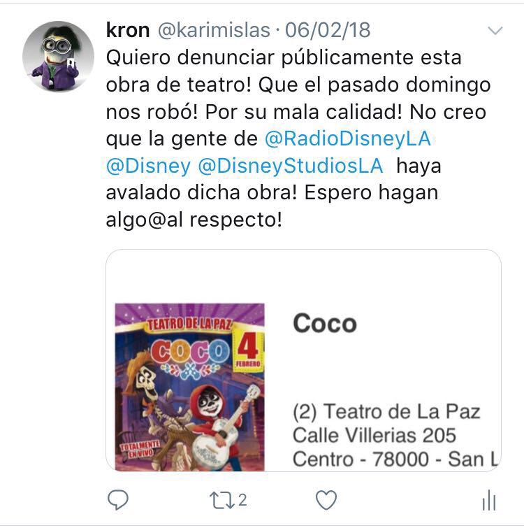karimislas's tweet photo. Hace un mes denuncié esta obra de teatro por qué a mi parecer están lucrando con el nombre de la película @pixarcoco y con @RadioDisneyLA @Disney @DisneyStudiosLA y al parecer nadie hizo algo al respecto la calidad es muy mala! Lo único que queremos saber es si cuenta con su aval https://t.co/2To3WdxH7f