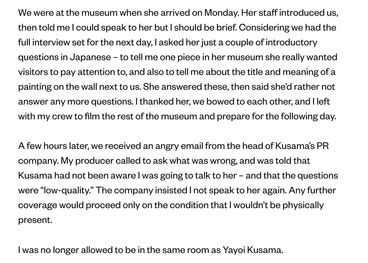 nopecon's tweet photo. friendly reminder to everyone visiting the AGO for the "infinity mirrors" exhibit that yayoi kusama is quite literally a racist and refused to allow a black journalist from @vice to interview or be in the same room as her https://t.co/QP1UeJ4LMb