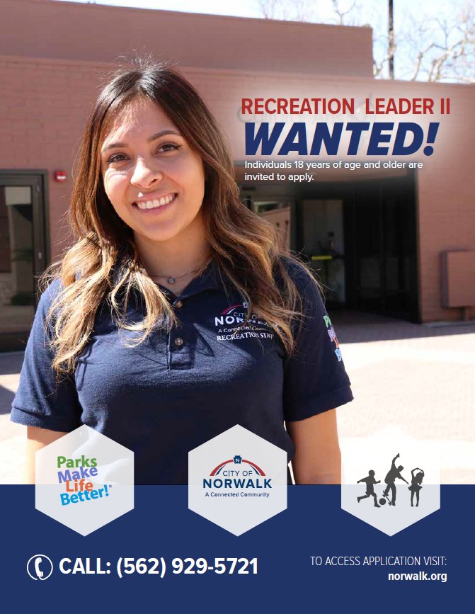CityofNorwalkCA's tweet photo. Apply today for one of our #RecLeader positions and help bring important activities and programs to your community. To find out more, visit our careers page at https://t.co/30M24yOSvQ. https://t.co/6x3JUdB1JX