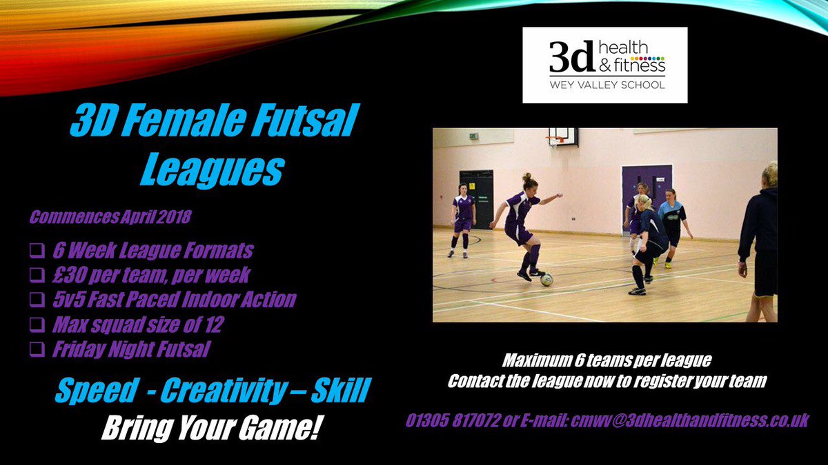 3dFitnessWV's tweet photo. 3D Futsal Leagues @3dFitnessWV Skill-Creativity-Speed #BringYourGame Starts Soon #Weymouth #Futsal #Mens #Womens #soccer #GetActive https://t.co/NNrcfF0st4