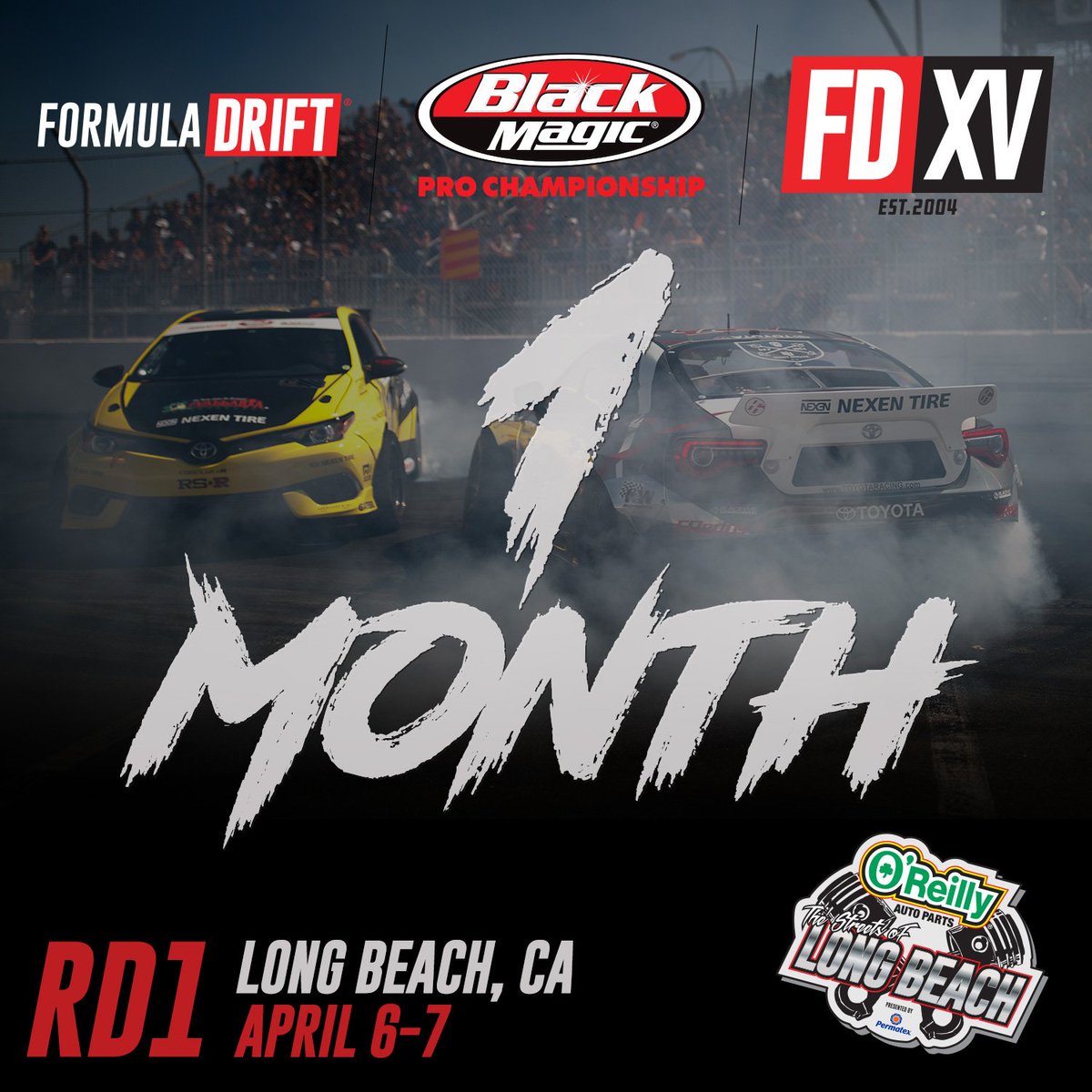 We are 1 Month until Season Start of our 15 Year Anniversary!
Tag  a friend you are coming with!

RD1: Streets of Long Beach on Apr 6-7th. Tickets on sale now: bit.ly/FDLB2018

#FormulaDrift #FormulaD #FDXV #FDLB