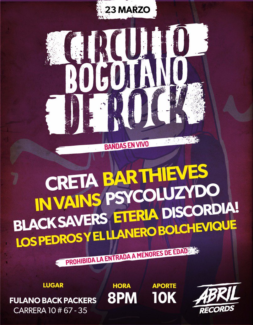 DISCORDIA DS (@discordia_ds) on Twitter photo Los esperamos este viernes 23 de marzo en fulano backpackers en el circuito bogotano de rock que organiza <a href="/AbrilRecords/">AbrilRecords</a>
8pm
cover 10k los esperamos!!!!!!!!! Los esperamos este viernes 23 de marzo en fulano backpackers en el circuito bogotano de rock que organiza <a href="/AbrilRecords/">AbrilRecords</a>
8pm
cover 10k los esperamos!!!!!!!!!