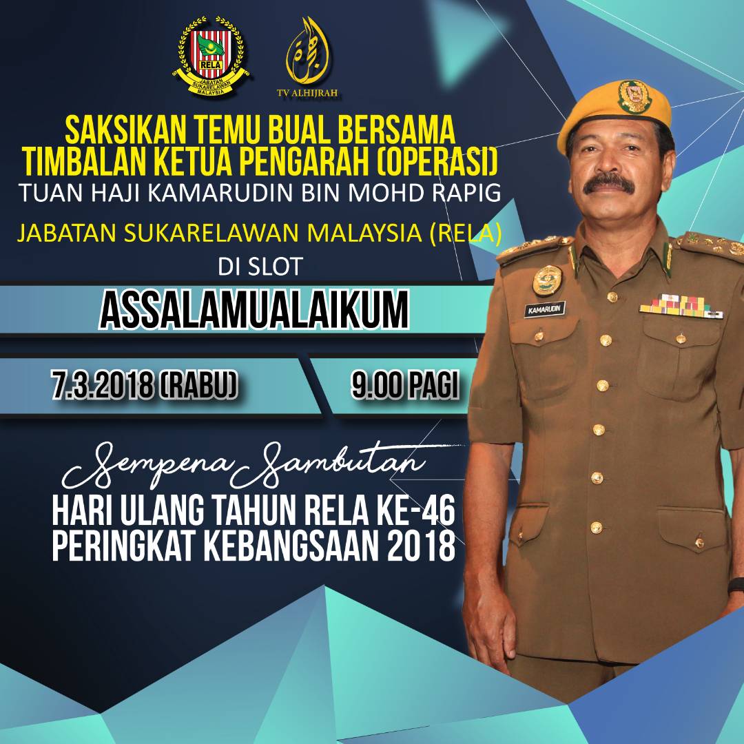 ninaWDG's tweet photo. Jangan lupa 9.00 pagi ini temubual TKPO @relamalaysia Tn @kamarudin_rapig di Slot Assalamualaikum @TVAlhijrah114 sempena  Sambutan Hari Ulang Tahun RELA Peringkat Kebangsaan 2018 @zulkifliabidin @RazibSRBrians @relapahang https://t.co/zuwE1J2n3u