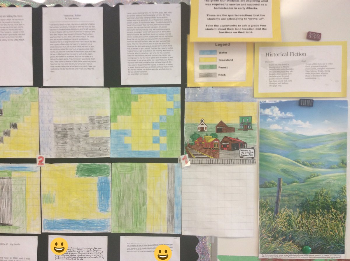 HarrisonHawk's tweet photo. 1Tweet/day: Ss have begun homesteading their land. Roll a die to find out what fractions (tenths, hundredths) you have on your land. Write a story based on your family’s immigration to Alberta (historical fiction). #grade4 @DrRoyWilsonLC #sd76 #share7 https://t.co/w87GFAcDqa
