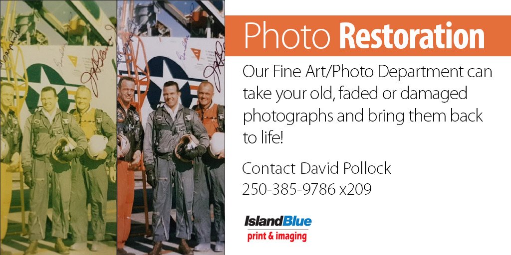 Photo Restoration - Bring your old print image into Island Blue and see how easy it is to have your photo restored and even framed at our custom framing department.

Contact David Pollock, our Fine Art Print Specialist (250-385-9786 x209) to  bring your print back to life!