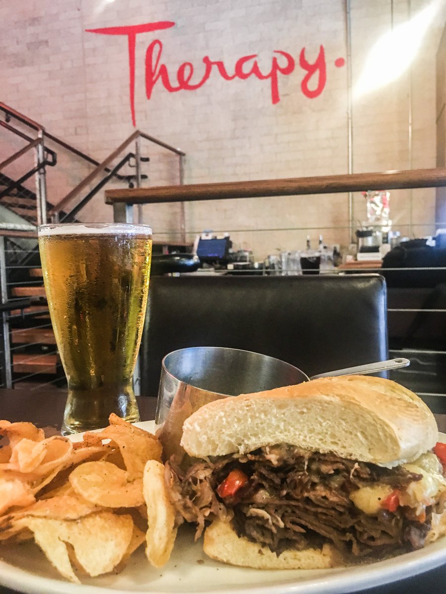 Therapy_LV's tweet photo. All the Tuesday essentials…French dip sliders, black pepper chips and a cold brew. #LetsDip https://t.co/Tp06MN87EG