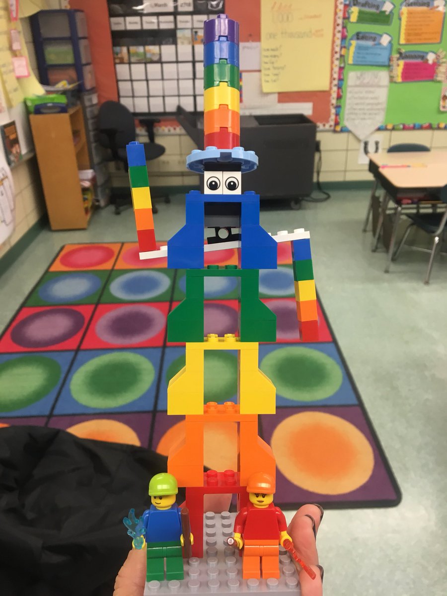 MrsJaworowski's tweet photo. What a FUN day filled with LEGO bricks! I got to build Mr. Learner at an early morning PD. Then my little friends built their story that they recently wrote using the Story Building LEGO Kits. Can you guess what their stories are about? #funlearning #learningwithlegos https://t.co/UTJnTDT7hg