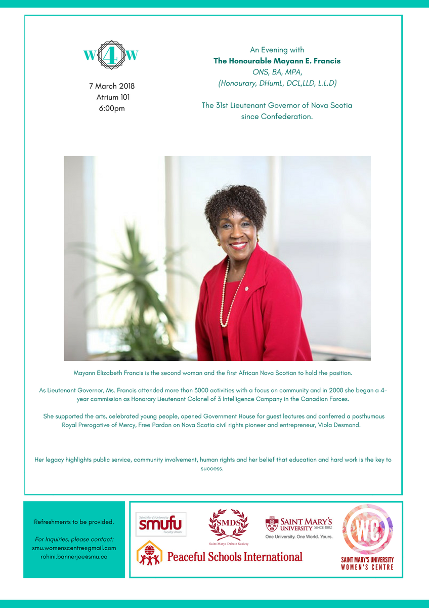 SMUWC's tweet photo. Interested in Public administration? Interested in how SMU Alumni have made it after undergrad? Interested in what a Lieutenant Governor even is? Well this event is for you! Happening tomorrow at 6pm, we will spend an evening with Hon. Mayann Francis! #W4W https://t.co/IFQYCywXl6