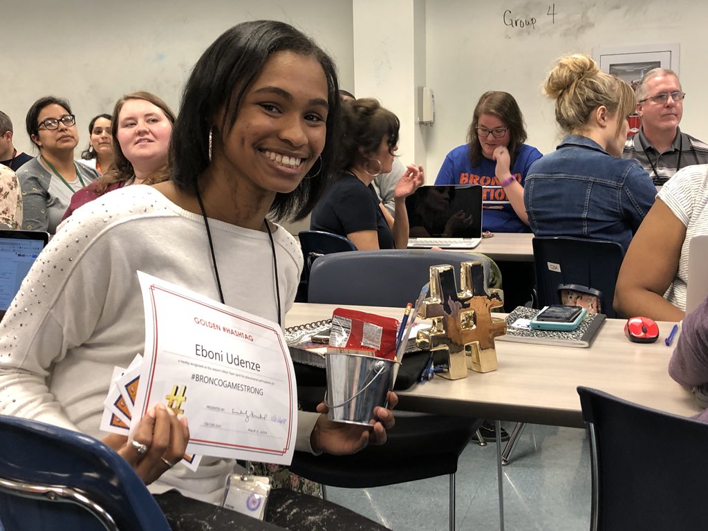 MikoWagstaff's tweet photo. Congrats to Ms. Udenze 👏 Our latest #GoldenHashtag winner for her tweet on preparing for the students to learn as usual while she attended the TCEA conference  #Broncogamestrong #WestTechUp @rwestjh https://t.co/8LGcAyPQvI