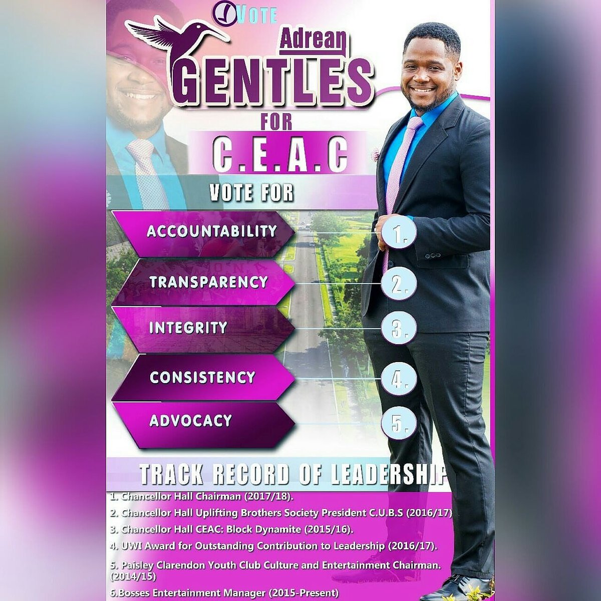 PetergayHJames's tweet photo. Vote for:
#Accountability
#Transparency
#Integrity
#Consistency
#Advocacy
Vote *Adrean Gentles* for C.E.A.C.
#TeamGentles #UWIGuild #Election2018 #UWICarnival #UWICarnival18 https://t.co/a1TAff7E60