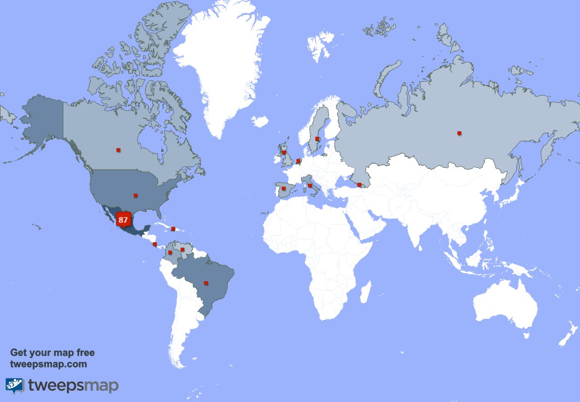 Mis seguidores viven en México(85%),Brasil(5%),Estados Unidos(4%) y más tweepsmap.com/!bangbangdf