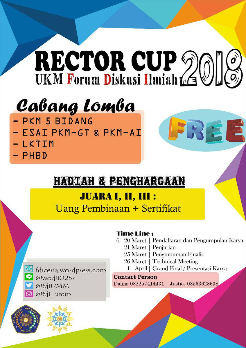 Assalamualaikum. Selamat pagi warga UMM. FDI akan mengadakan Rector Cup 2018 dengan berbagai macam perlombaan.
Info selengkapnya dapat dilihat di fdiceria.wordpress.com