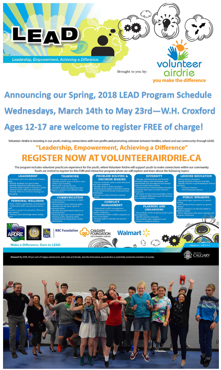 volunteerairdri's tweet photo. Have you signed up your 12-17 year old son or daughter for our free after school 11 week LEAD Youth Leadership Development Program spring session yet? There are only 12 spots left!! Pls RT @AIR1061FM @AirdrieScoop @AirdrieCityView @AirdrieEcho https://t.co/NZZ2B05rvw