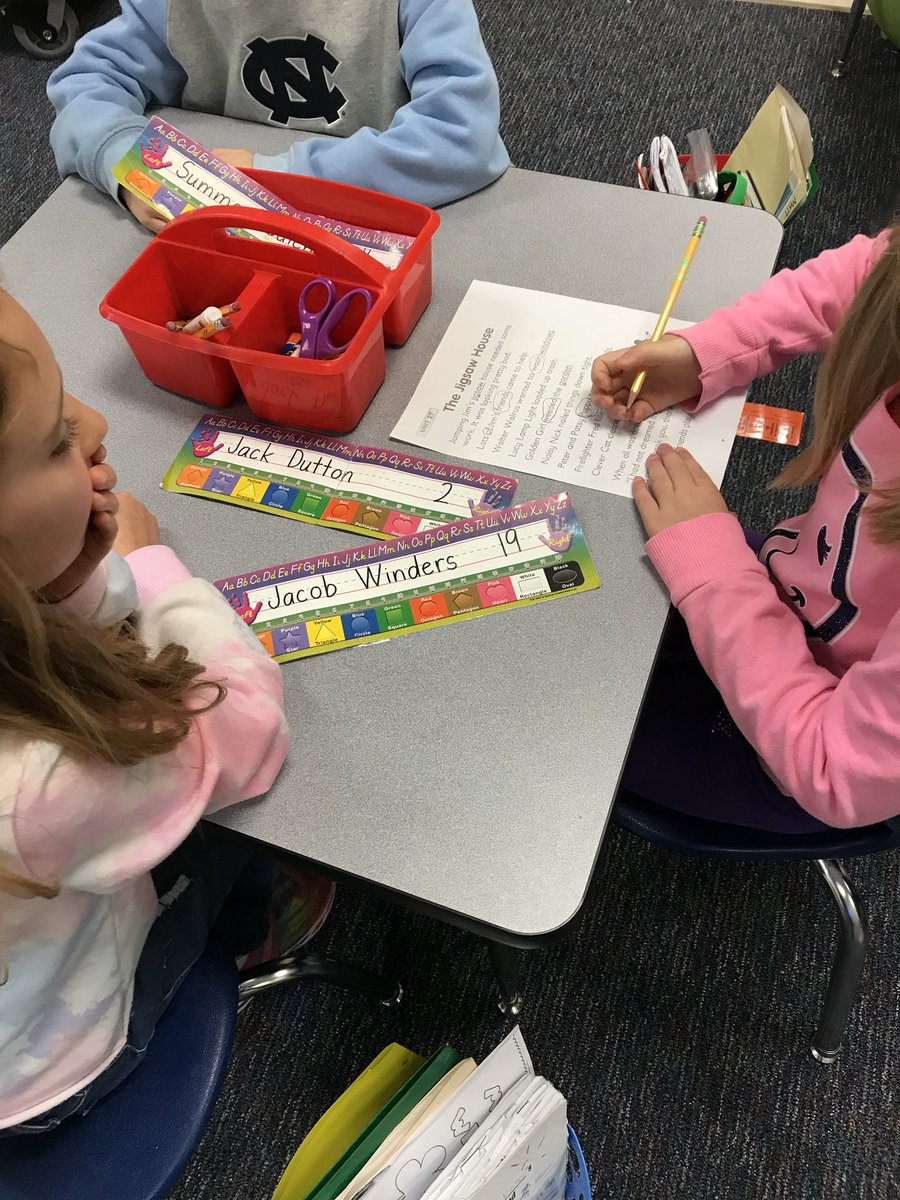 MaryAnneBShaw's tweet photo. @ScottsRidgeES first graders collaborate to find all the pattern words in our @letterlandmedia decodable story. How many did they find? #14won #Freddoesntmatch #found2more https://t.co/mCCsNNQC9u