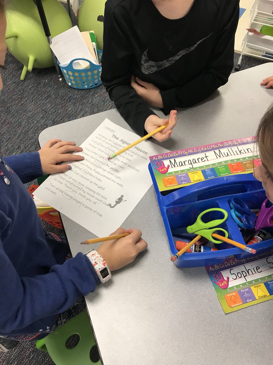 MaryAnneBShaw's tweet photo. @ScottsRidgeES first graders collaborate to find all the pattern words in our @letterlandmedia decodable story. How many did they find? #14won #Freddoesntmatch #found2more https://t.co/mCCsNNQC9u