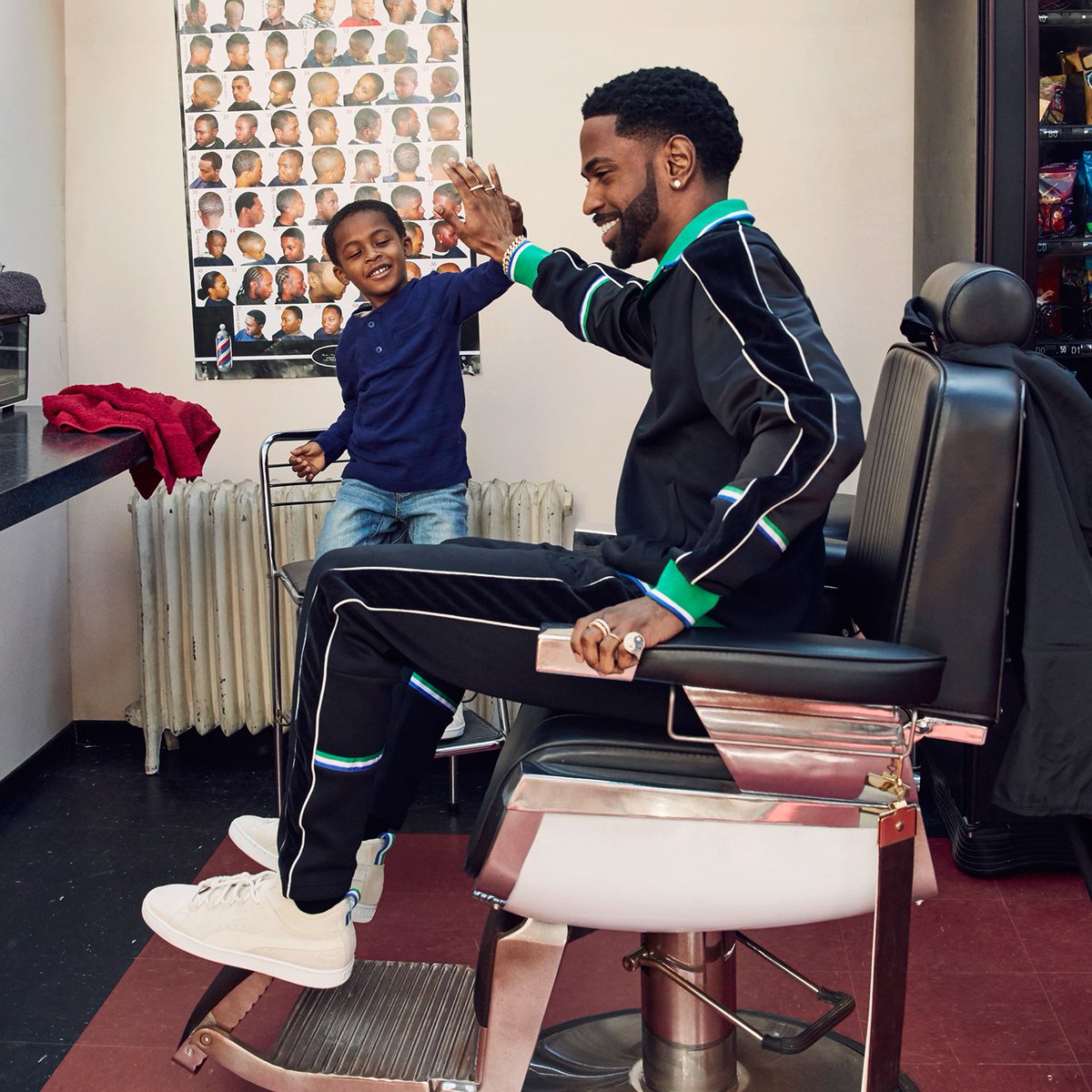 BigSean's tweet photo. When ya mom made u take yo lil bad ass cousin to the barber shop with you, but he cool tho lol. 50th Anniversary Suedes + Sweat Suits dropping 3/22 @PUMA https://t.co/nhCa2PJ4Kg