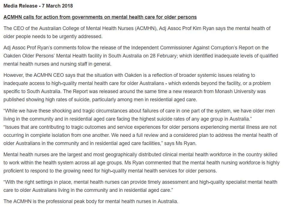 ACMHN's tweet photo. ACMHN MEDIA STATEMENT: ACMHN calls for action from governments on mental health care for older persons #Oakden https://t.co/pSQ0Pqb4gP https://t.co/CqiWTYdumX