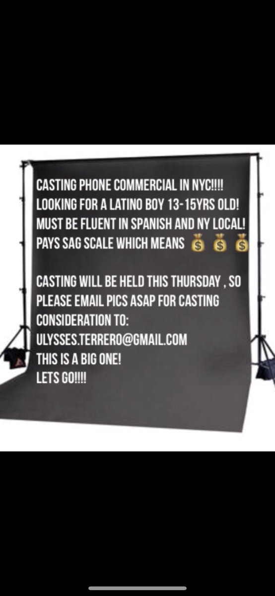 ulyssesterrero's tweet photo. Big brand! Big opportunity for a Latino Boy 13-15 yrs old in the NY area!!! Sag scale!!! Lets go!!!! Email me your sons pic ASAP!!! Must be fluent in Spanish!!! FLUENT!!!
Ulysses.terrero@gmail.com https://t.co/0M6ili8HJw