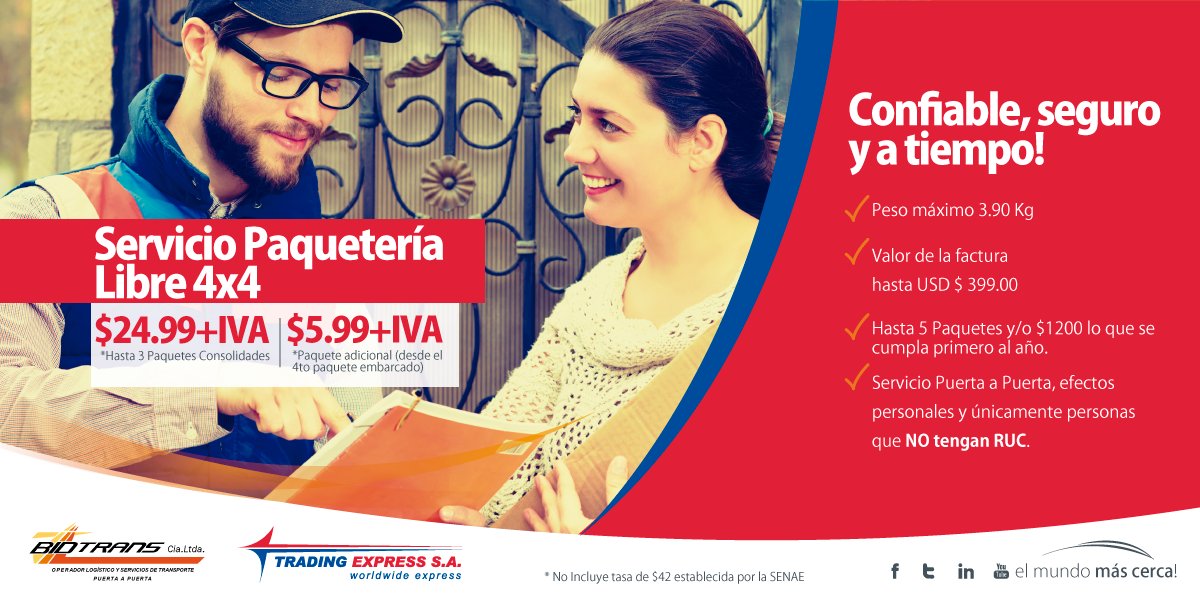 BidtransEcuador's tweet photo. #TradingExpress #Elmundomáscerca Servicio de #PaqueteríaLibre4x4 Confiable, Seguro y a tiempo! https://t.co/Zse80hlsLP https://t.co/XxJUIIWRUD
