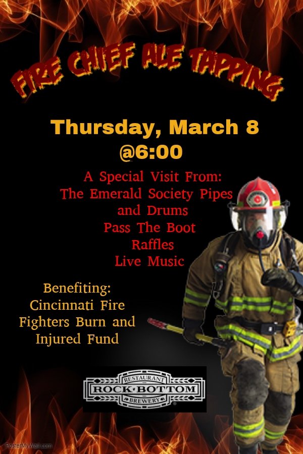 Cincyrockbottom's tweet photo. Fire Chief Ale Tapping Thursday March 8th @6:00pm! Join us to support our Local Ladder 48 benefiting The Cincinnati Fire Fighters Burn and Injured Fund https://t.co/Goa8FfkNBt