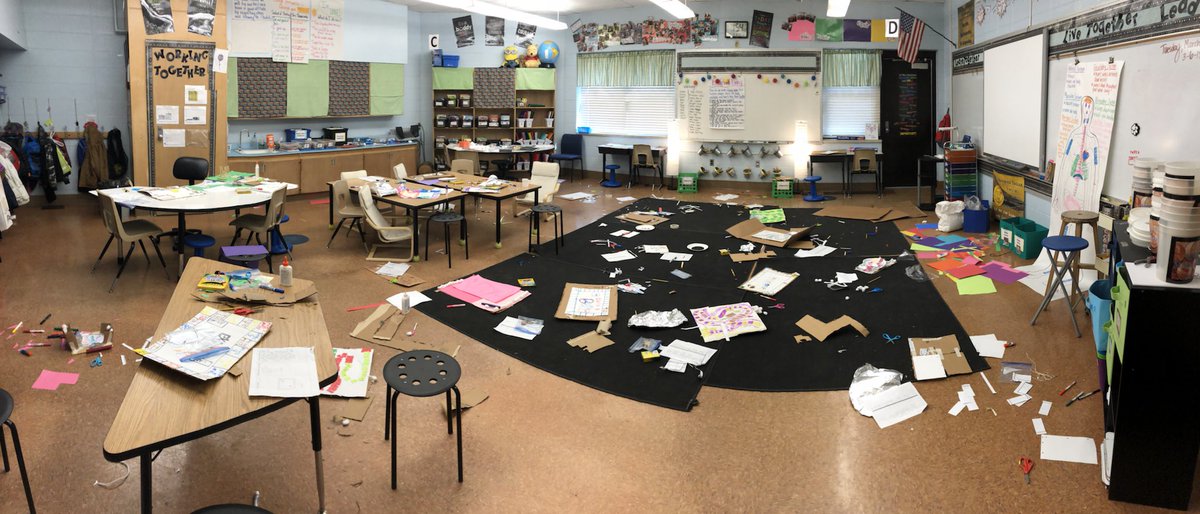TeamAllster's tweet photo. How a classroom looks in the middle of a project! Students are building their own board games to teach other students how to take care of their bodies! @spspbl @JeffriesJaguars #projectbasedlearning #bestboardgamesever https://t.co/TlcysqXzxJ
