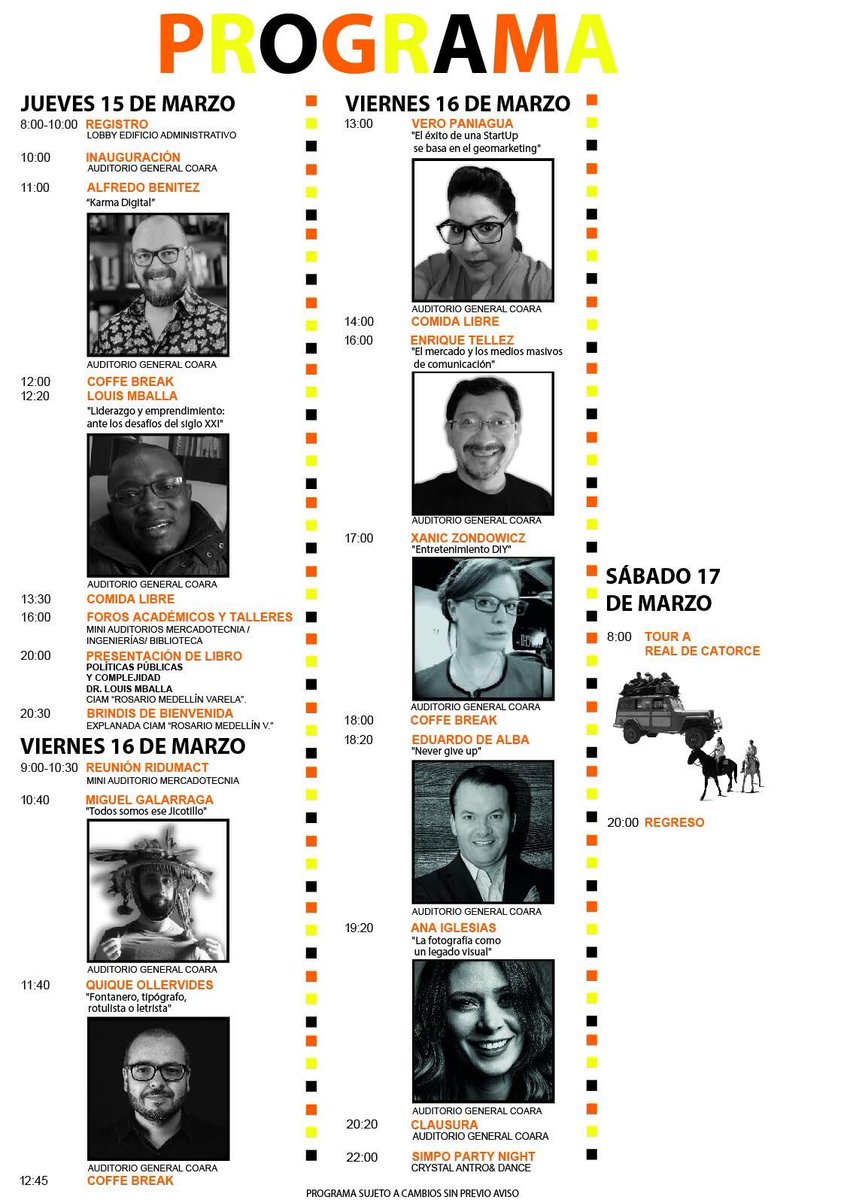LISTO! Este es el programa definitivo para vivir intensamente la "lluvia de ideas en el desierto" MarkeTic´s Break 2018.
del 15 al 17 de marzo, en la COARA de la UASLP. Matehuala, S.L.P.
simposiomkt.uaslp.mx