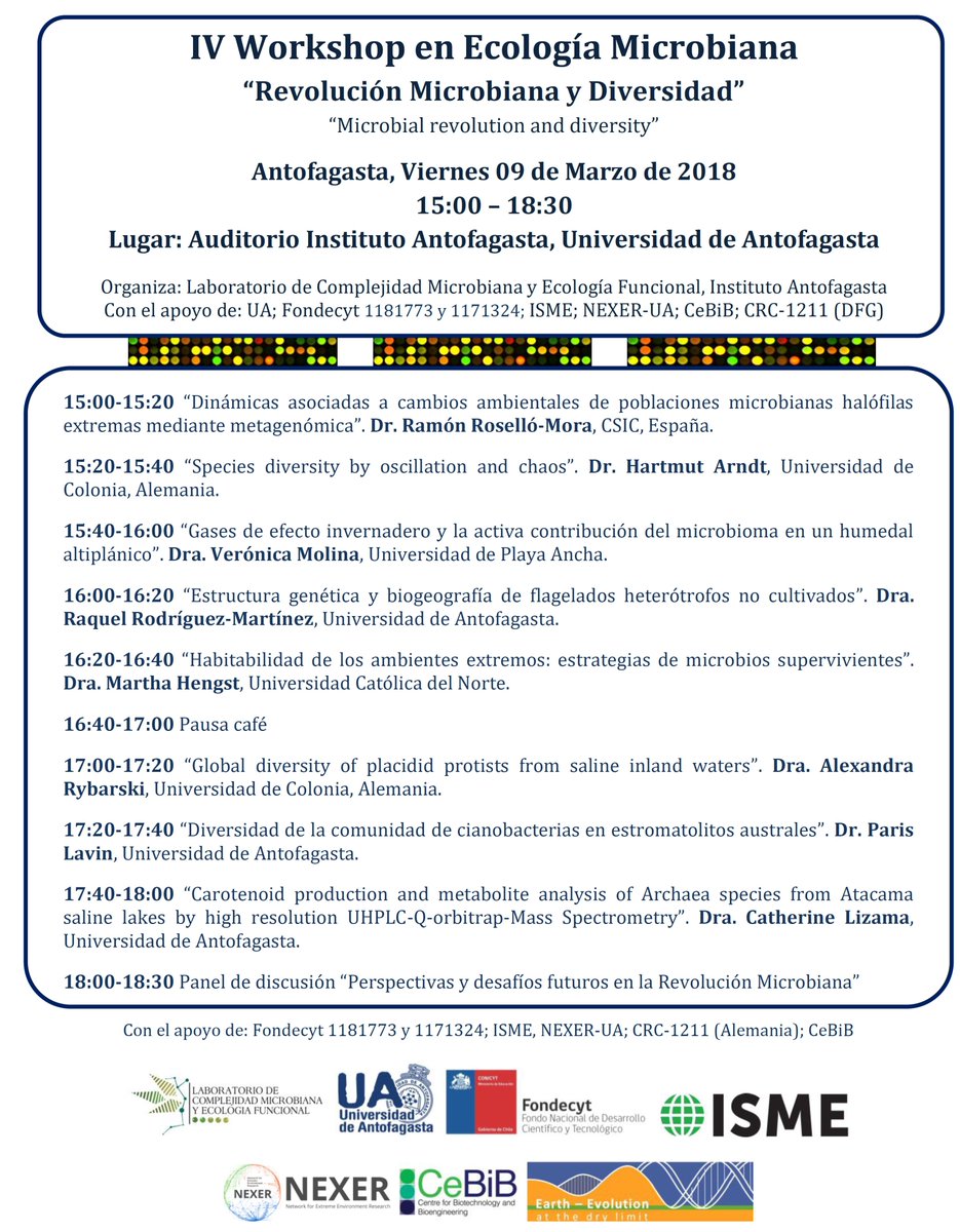 criordor's tweet photo. Este viernes 09/03 realizaremos en #Antofagasta el IV Workshop en Ecología Microbiana "Revolución Microbiana y Diversidad", grandes expositores, ¡no se lo pierdan! #MicrobialRevolution https://t.co/bpATDTHoX2