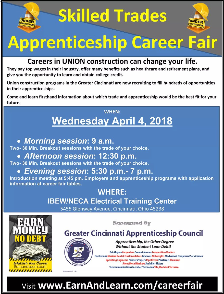 EarnandLearncom's tweet photo. 400-500 new opportunities to be filled in the #Cincinnati area. Our annual career fair is a showcase of well paying skilled careers that start with #Apprenticeship. Working for contractors on local projects. $$$ #Collegecredit #Nostudentloandebt  https://t.co/WYAlLPBoHS https://t.co/32dovTtNx9