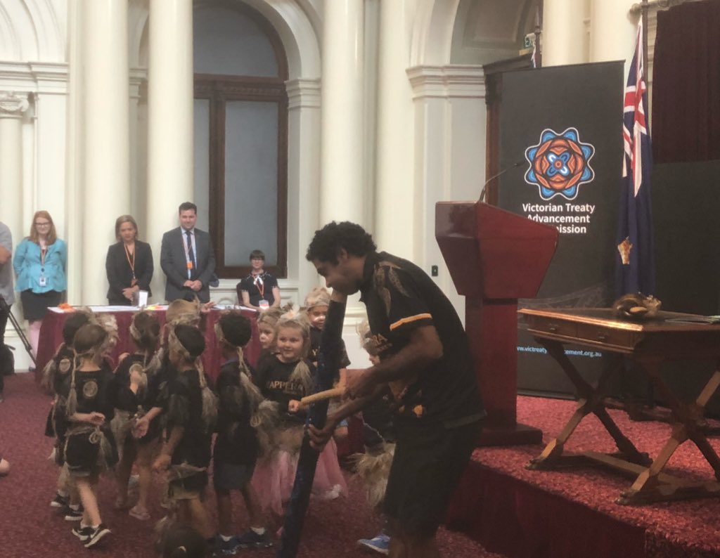 FPSR_VicGov's tweet photo. The Yappera Kinda Crocs performing at the Victorian Treaty Advancement Commission launch at Parliament House #VicTreaty https://t.co/TMlpa3T8a2