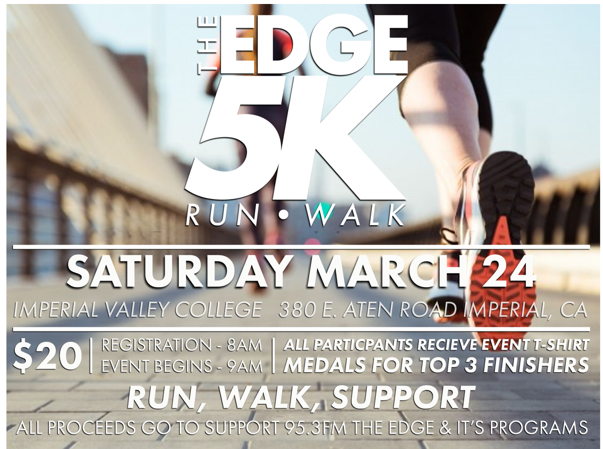 JeremiahVik's tweet photo. Hey #runners #walkers! Don't miss our annual #Edge5K on March 24 at IVC!
A fundraiser for @953TheEdge. $20 per person, all participants will receive an event t-shirt!
Register at The Edge Studios @YFC_IV, 395 E Main St. El Centro or register online at https://t.co/jTPsIbVKKc
#5k https://t.co/T8zwYQpsoo