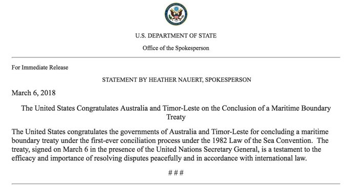 The United States Congratulates Australia and Timor-Leste on the Conclusion of a Maritime Boundary Treaty