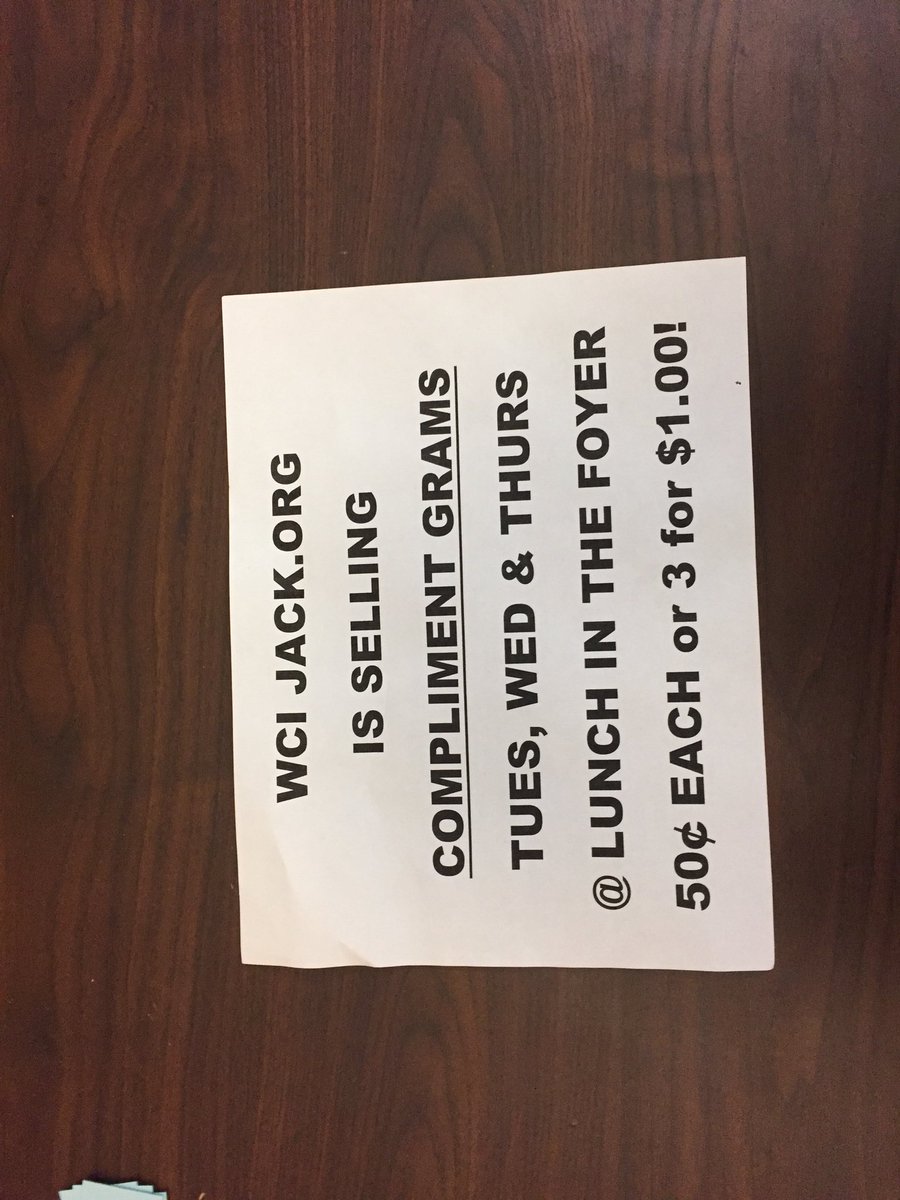 wcijack's tweet photo. Wci https://t.co/WfvZKbJiWe is selling compliment hugs for 50 cents in the foyer at lunch this week https://t.co/mxF9gR5sQX