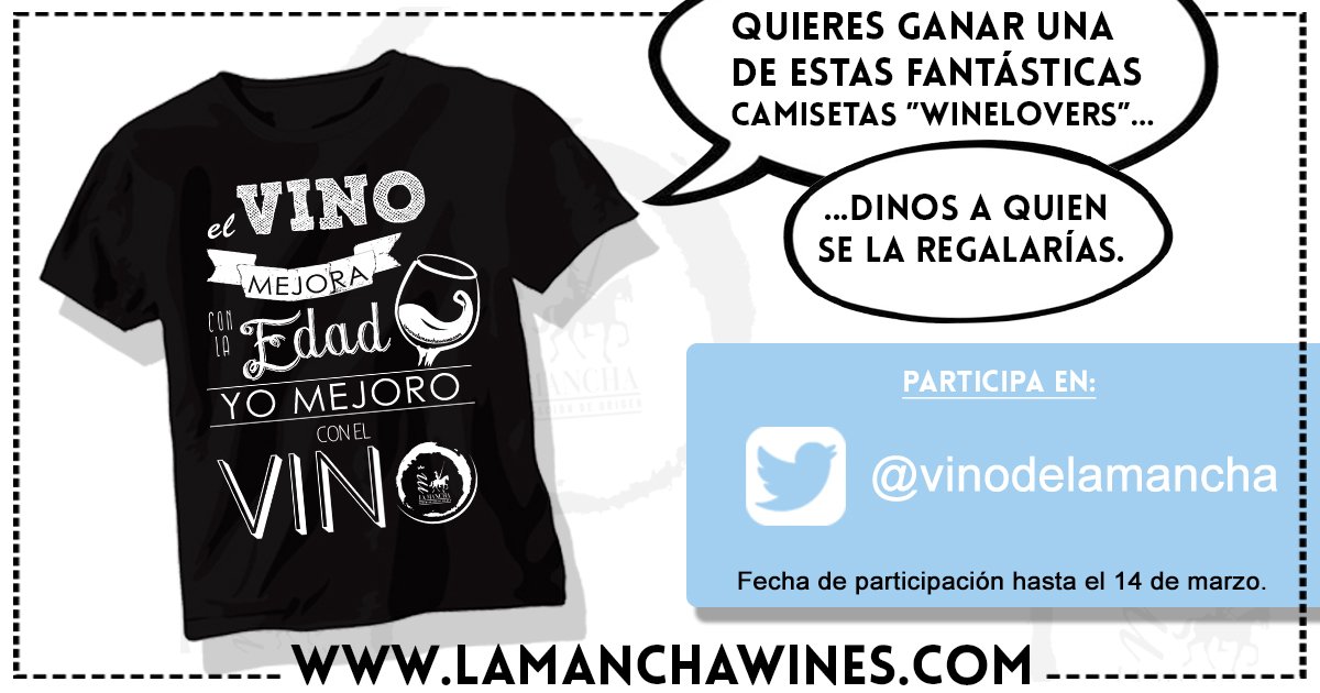 vinodelamancha's tweet photo. ¿Quieres conseguir una camiseta #winelover ?
Participa en el sorteo. Di a quien se la regalarías y Retwittea  
Válido hasta el 14 de marzo (10.00 horas)
El sorteo se realizará con #Easypromos: https://t.co/qLn3Wv2hPr https://t.co/fRnEGB33ST